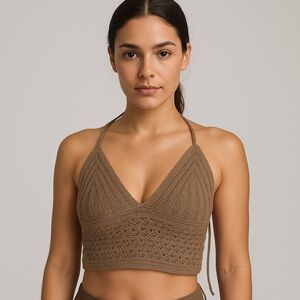 Brown Crochet Knit Bralette Crop Top Festival Boho Beachwear Size M